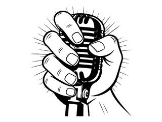 Obraz premium Vintage microphone held by hand in retro woodcut