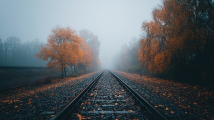 Railway Tracks Disappearing into Dense Autumn Fog and Orange Forest
