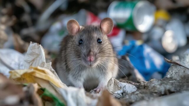 Extreme close-up of rat nibbling scraps in trash, torn paper, cans, and leftover food visible, urban alley setting, pest problem and hygiene hazard highlighted