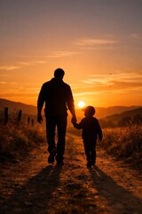 Heartwarming silhouette of father and son walking hand in hand at sunset. Peaceful outdoor scene captures love and connection. Vertical composition radiates warmth and family bond.