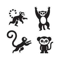 Obraz premium Playful Ring Tailed Lemur Vector Silhouettes Featuring Different Madagascar Primate Animal Poses.