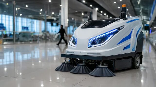 Futuristic close-up of an autonomous electric sweeper scrubber, LED accents and cameras visible, cleaning a large commercial floor, smart industry machine for airports and malls, w