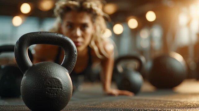 Engage in a dynamic workout session showcasing kettlebells and bodyweight exercises. Focus on strength and endurance. Transform your living space into a personal gym for fitness.