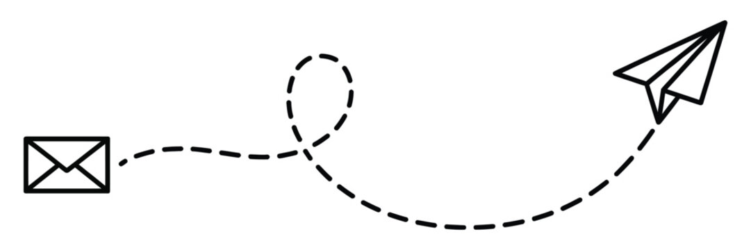 Envelope illustration, black and white outline drawing of mail envelope with paper airplane flying on dotted path, message sending communication concept, isolated on white background.