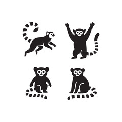 Fototapeta premium Playful Ring Tailed Lemur Vector Silhouettes Featuring Different Madagascar Primate Animal Poses.