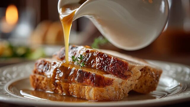 Warm roasted garlic gravy flows over freshly sliced bread, adding rich flavor in a quaint dining space. The inviting aroma fills the atmosphere, making it a delightful treat.