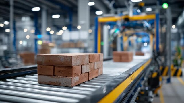 Low-angle close-up of red bricks stacked precisely by robotic system, conveyor belt in motion, factory interior with structured automation, efficiency and industrial technology con