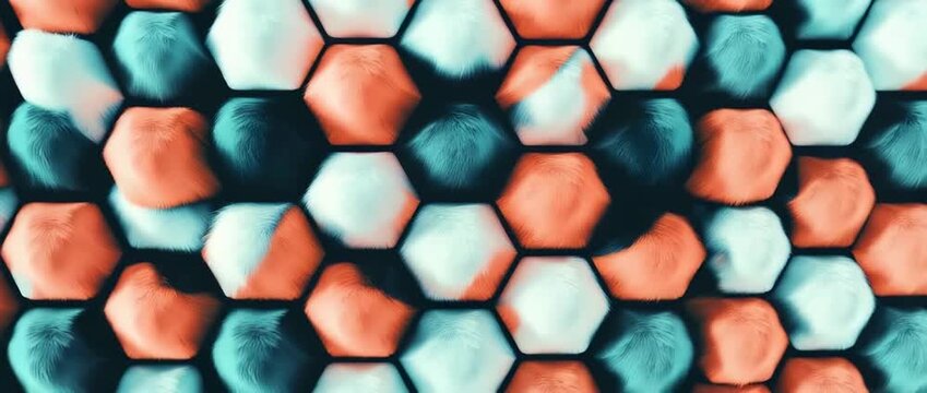 Hexagonal texture pattern with fuzzy multicolored surfaces in teal orange and white