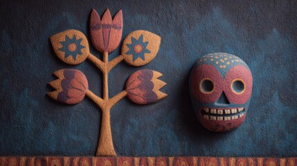 Mexican Folk Art Style Illustration with Traditional Skull Mask and Floral Tree

