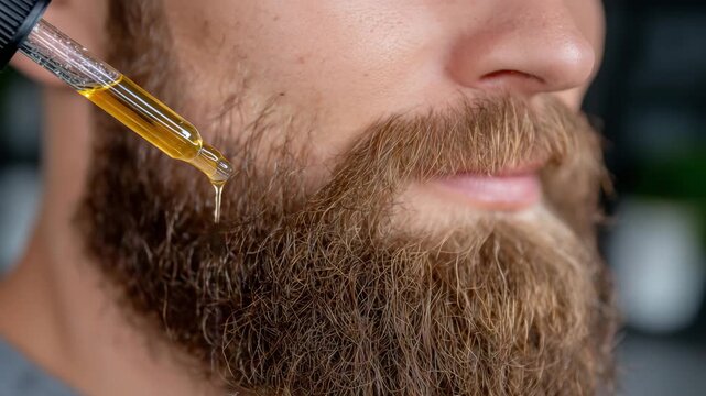 Macro detail of golden beard oil on facial skin, dropper releasing a single drop, beard hair texture sharply defined, skincare hydration focus
