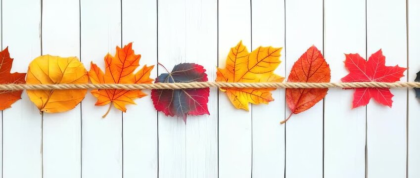 Autumn leaves garland strung on rope across white wooden panel background seasonal decoration