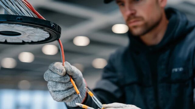 Macro detail of insulated wires being secured with terminals, electrician&rsquo;s gloved hands visible, black ceiling fixture nearby, clean professional electrical work concept