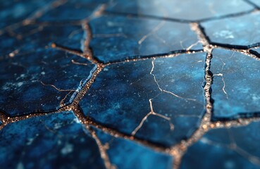 Obraz premium Dark blue hexagonal tiles with gold cracks form mosaic pattern. Texture resembles cracked marble with glittering sand filling fissures. This abstract background offers premium, elegant feel.
