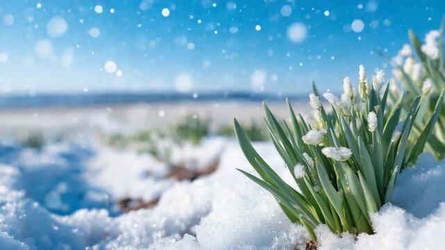 Macro detail of wheat leaves emerging from snow, fine ice crystals on leaf edges, soft focus background of white-covered farmland, winter agriculture close-up