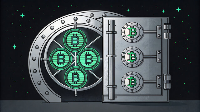 A cartoon illustration of a safe with Bitcoin symbols inside and on the door in a dark space