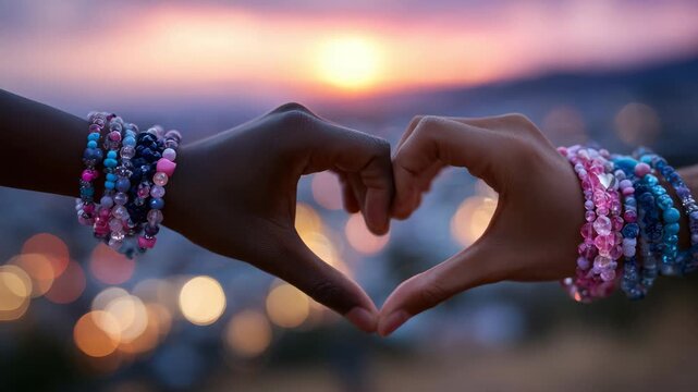 Macro of intertwined hands with bracelets forming a heart shape, soft warm light, Valentine&rsquo;s Day intimacy concept