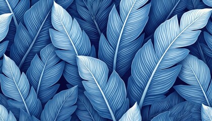 Obraz premium Blue banana leaves pattern fills frame. Detailed illustration of tropical foliage, botanical design, plant leaf texture. Seamless background, artistic nature graphic.