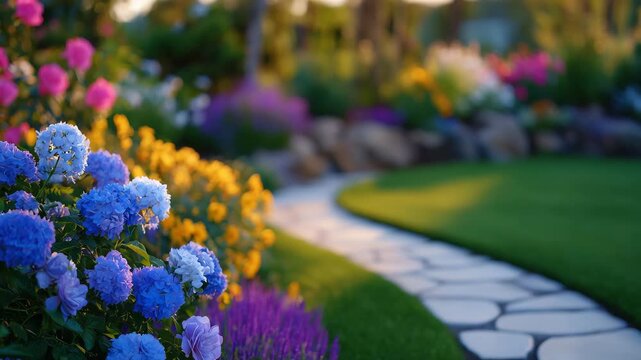 Macro shot of blooming flowers and ornamental plants, curved green lawn and neat concrete path blurred in background, golden hour sunlight highlighting textures, English garden sty