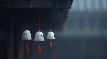 Traditional Japanese Teru Teru Bozu Weather Dolls Hanging Under Temple Eaves