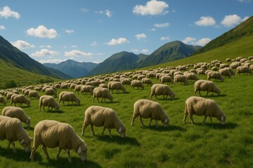 Fototapeta premium Beautiful flock of sheep grazing in lush green valley. Stunning landscape showcases nature's serenity. Perfect image for farming, agriculture, and rural life themes.