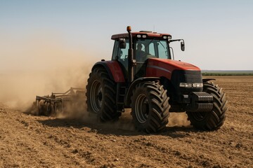 Obraz premium Red tractor plowing field in countryside. Rural farming concept showcases agricultural machinery. Tractor efficiently prepares soil for planting. Vibrant image captures hard work on farm.