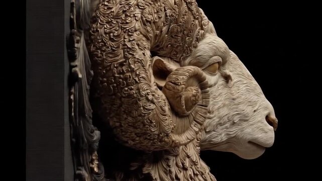 Close up of ram head sculpture in relief with intricate details