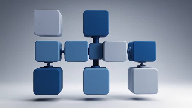 Abstract modular workflow animation showing independent blocks connecting and assembling into a unified automated system. Minimal corporate design, soft gray and blue tones, smooth motion, seamless