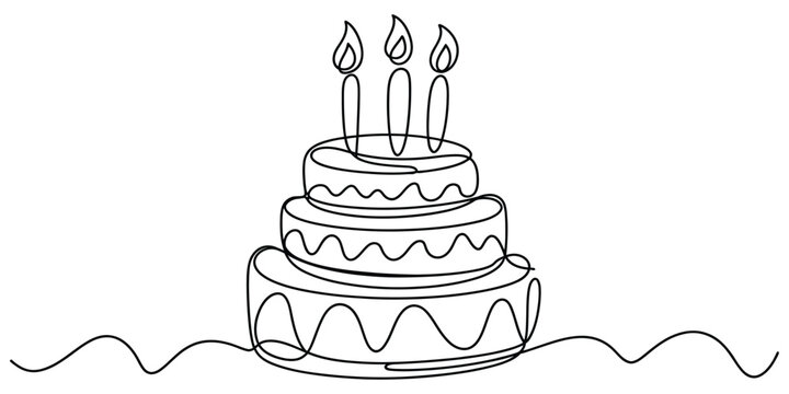 Birthday cake illustration, continuous one line drawing style showing large three layer cake with candle on top, black linear sketch icon, minimalist holiday celebration design, isolated background.