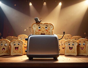 Whimsical stage show starring a dapper toast character in a top hat, performing under a spotlight for an animated audience of cheerful bread slices © Wildan