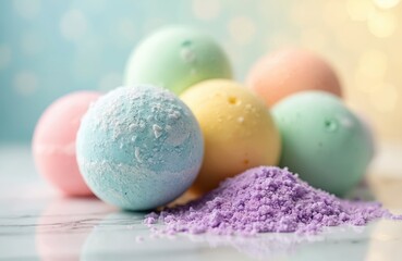 Obraz premium Assortment of pastel colored bath bombs and salts piled together. These spheres are great for relaxation and home spa treatments. Enjoy a soothing warm bath at home.
