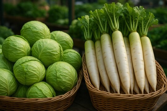 Fresh vegetables in market display. Healthy food concept with organic produce. Crisp cabbage and radishes inspire vibrant cooking and nutritious meals. Quality image for culinary use.