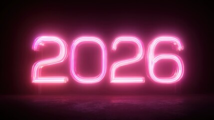 Glowing pink neon 2026 numbers on dark background with floor reflection
