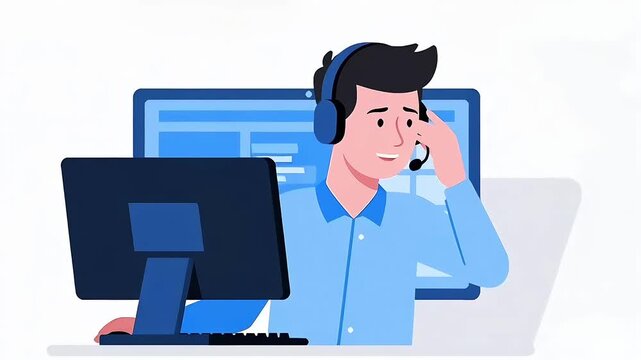 Young customer service representative talking over the headset and working on a computer on a seamless loop