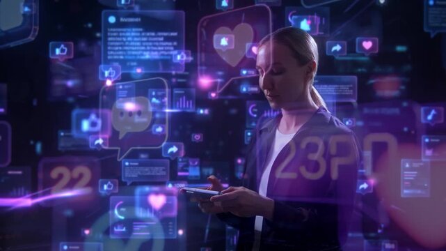 Woman Studies Live Social Media Feedback And Analytics Through Vibrant Digital Visuals During Late Hours