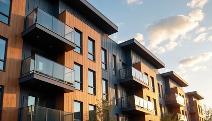 Obraz premium Contemporary multifamily building facade with wood and dark siding. Many windows and glass balconies on residential structure. Modern architecture in urban area.
