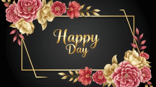 Happy Day Greeting with Elegant Gold Frame and Festive Floral Decoration on Dark Background
