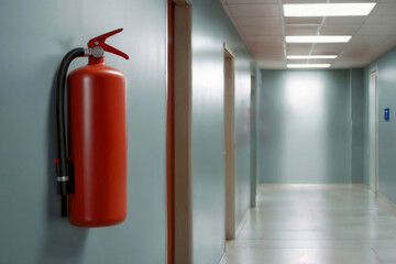 A red fire extinguisher is mounted on a wall in a hallway. The hallway is empty and the walls are painted blue