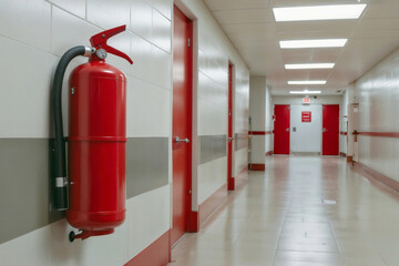 A red fire extinguisher is mounted on a wall in a hallway. The hallway is empty and the fire extinguisher is the only object in the scene