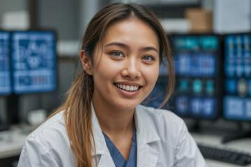 Portrait of a medical student in a laboratory looking at the camera, she is wearing a blue shirt underneath her lab coat
