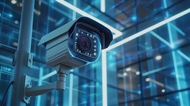 Modern CCTV Security Camera with Blue Light Monitoring City Environment and Futuristic Buildings