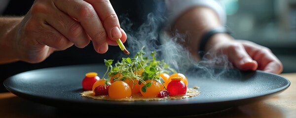 Chef adds garnish to artistically plated meal with smoke effect. Modern dish with spheres, microgreens, and berries on black plate. Fine dining food preparation in restaurant kitchen.