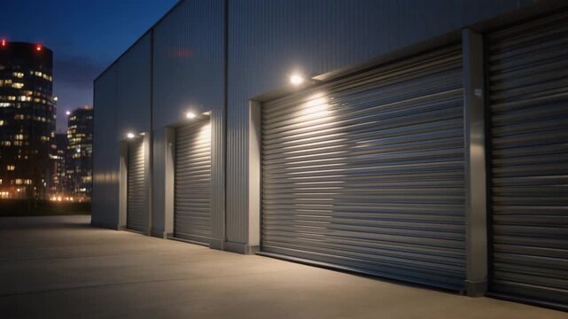 Illuminated roller shutter doors of modern self-storage units at dusk with city skyline