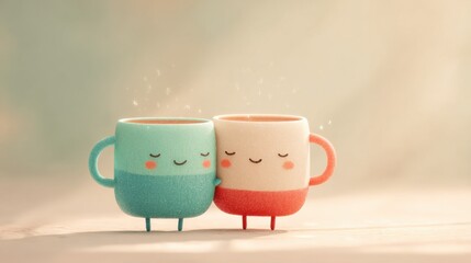Two Kawaii 3D Mug Characters Leaning Together with Peaceful Smiles
