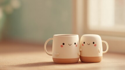 Two Cute Kawaii Coffee Mugs with Smiling Faces Minimalist 3D Render

