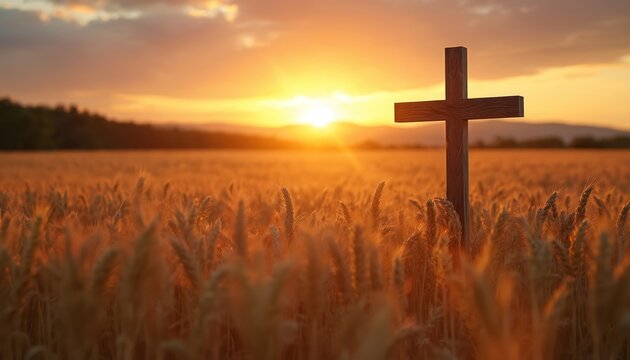Wooden cross stands in golden wheat field at sunset. Warm sun rays illuminate stalks. Hills and clouds form background. Religious symbol of hope and faith.