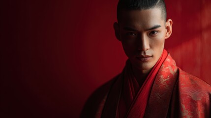 Handsome Asian Man in Traditional Red Silk Robe Cinematic Portrait
