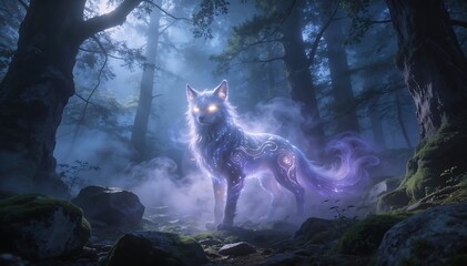 A glowing fantasy wolf with purple mist around its body standing in a dark forest with mist on the ground.