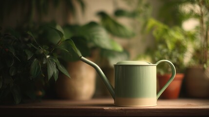 Modern green watering can on a wooden shelf surrounded by lush houseplants
