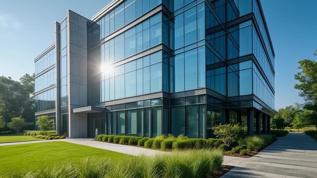 Firefly exploring sleek modern glass office building with innovative architecture and urban design