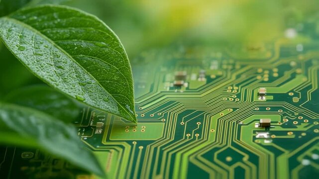 Vibrant green leaf blending with technology symbolizing harmony of nature and innovation